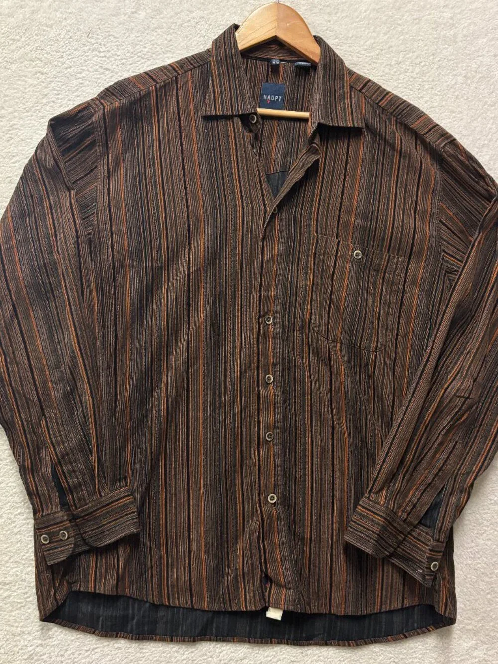 HAUPT of Germany Shirt Mens L 16.5 Brown Orange Stripe Corduroy Button Up Vintag